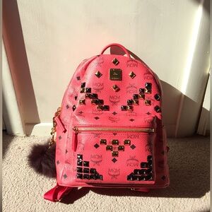 MCM Pink Studded Mini Backpack Visetos Gold/Black Studs Small